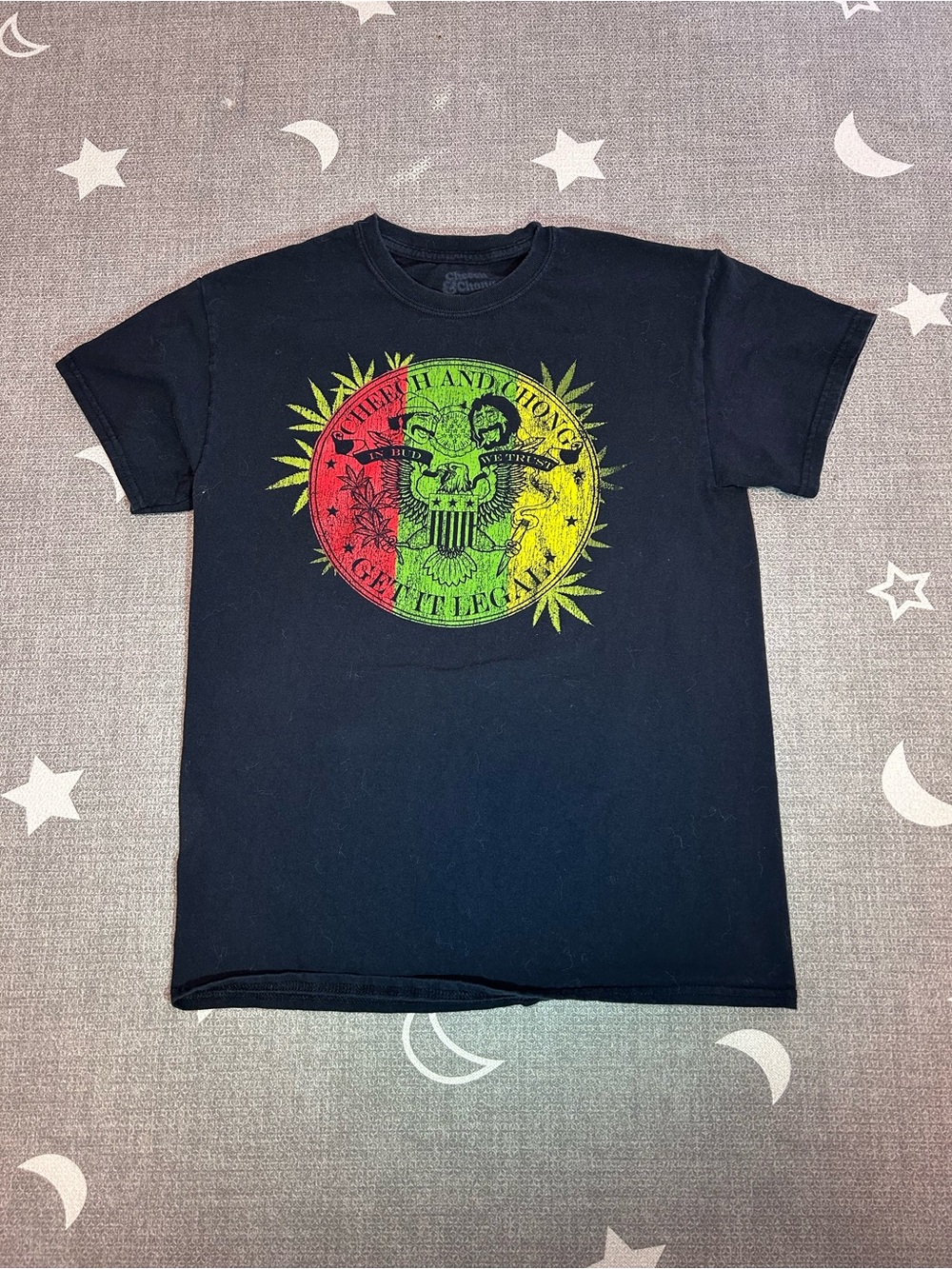 Black Cheech and Chong graphic tee with rasta design.